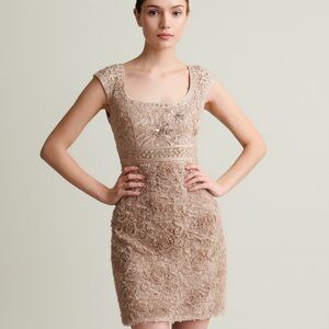 SUE WONG Couture Champagne Beaded Fringe Evening Cocktail Dress Size 8